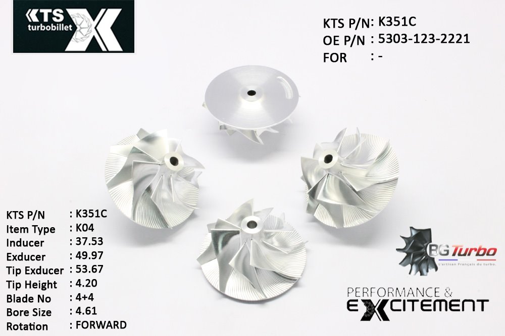Turbo ROUE FORGÉE MFS PERFORMANCE - 4+4 PALES - INDUCER : 37,53 - EXDUCER : 49,97 - TYPE : K04ANGLE : 50° - ROTATION : Forward - SUPER BACK : 1,8 - BORE SIZE : 4,61
